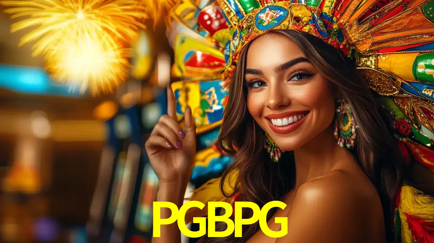 Mulher sorridente com um cocar de carnaval vibrante e colorido, celebrando uma grande vitória nos jogos do cassino PGBPG com fogos de artifício ao fundo.