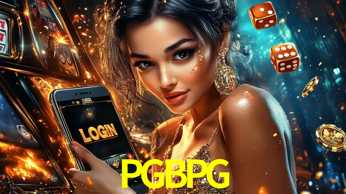 Mulher glamourosa segurando um celular com a tela de login do cassino PGBPG, rodeada por dados e moedas douradas, pronta para começar a diversão.