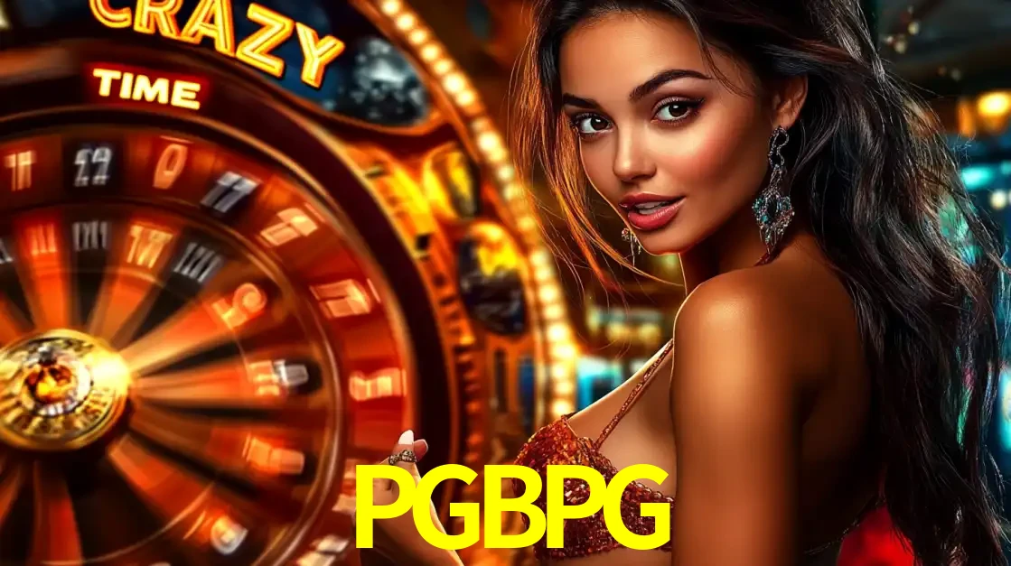 Mulher ao lado da roda de prêmios do jogo de cassino ao vivo Crazy Time, um dos shows de jogos mais emocionantes oferecidos pela plataforma de apostas PGBPG.