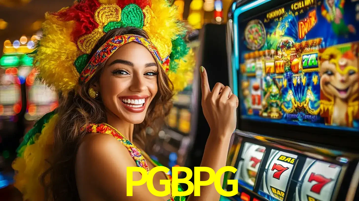 Mulher animada com um cocar de carnaval apontando para uma máquina de caça-níqueis, mostrando a emoção de ganhar um grande prêmio nos jogos do PGBPG.
