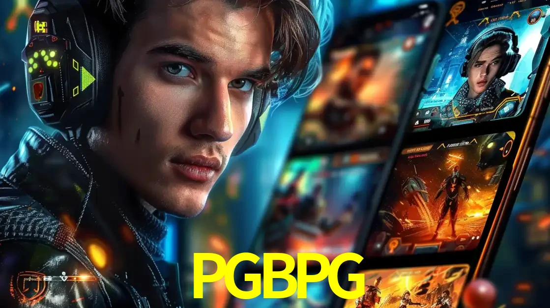 Jovem jogador com fones de ouvido olhando para a câmera, com um aplicativo de jogos e e-sports para celular ao fundo, pronto para a competição e apostas no PGBPG.