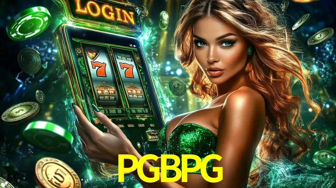 Mulher com tema verde apresentando o aplicativo do cassino PGBPG com um jogo de slot de 777, cercada por fichas de cassino e uma aura de sorte.