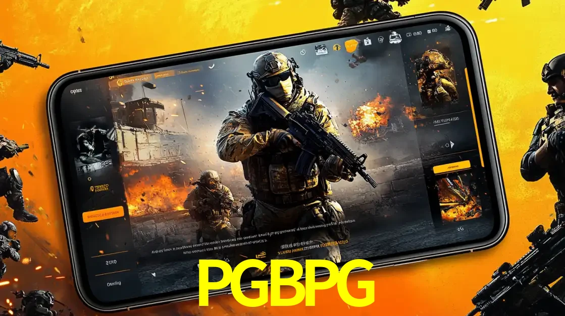 Um smartphone exibindo a interface de um jogo de tiro em primeira pessoa, com um soldado em um cenário de batalha, representando a ação dos e-sports para apostar no PGBPG.