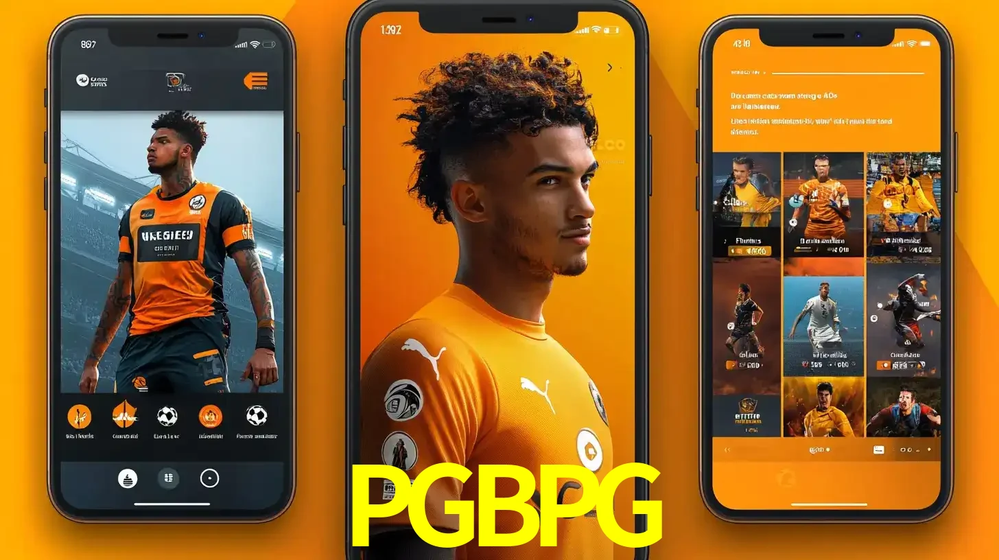Interface do aplicativo de apostas esportivas PGBPG em três telas de celular, mostrando o perfil de um jogador de futebol e a lista de jogos disponíveis para apostar.