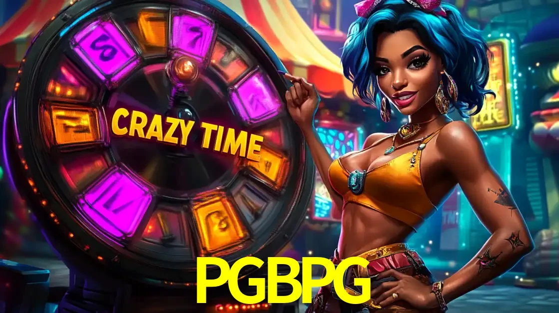 Mulher estilizada com cabelo azul e visual vibrante posando ao lado da roda de prêmios do game show Crazy Time, convidando para a diversão e os bônus do cassino PGBPG.