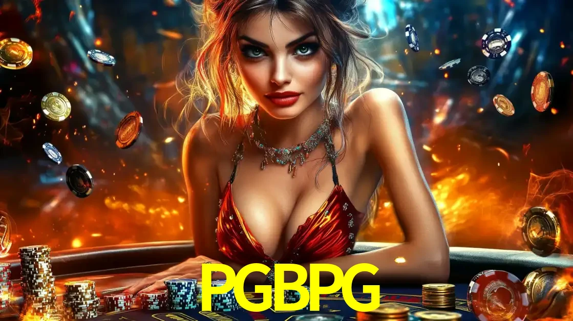 Mulher em uma mesa de cassino com pilhas de fichas e um fundo de fogo, pronta para uma rodada de altas apostas nos jogos de mesa emocionantes do cassino PGBPG.