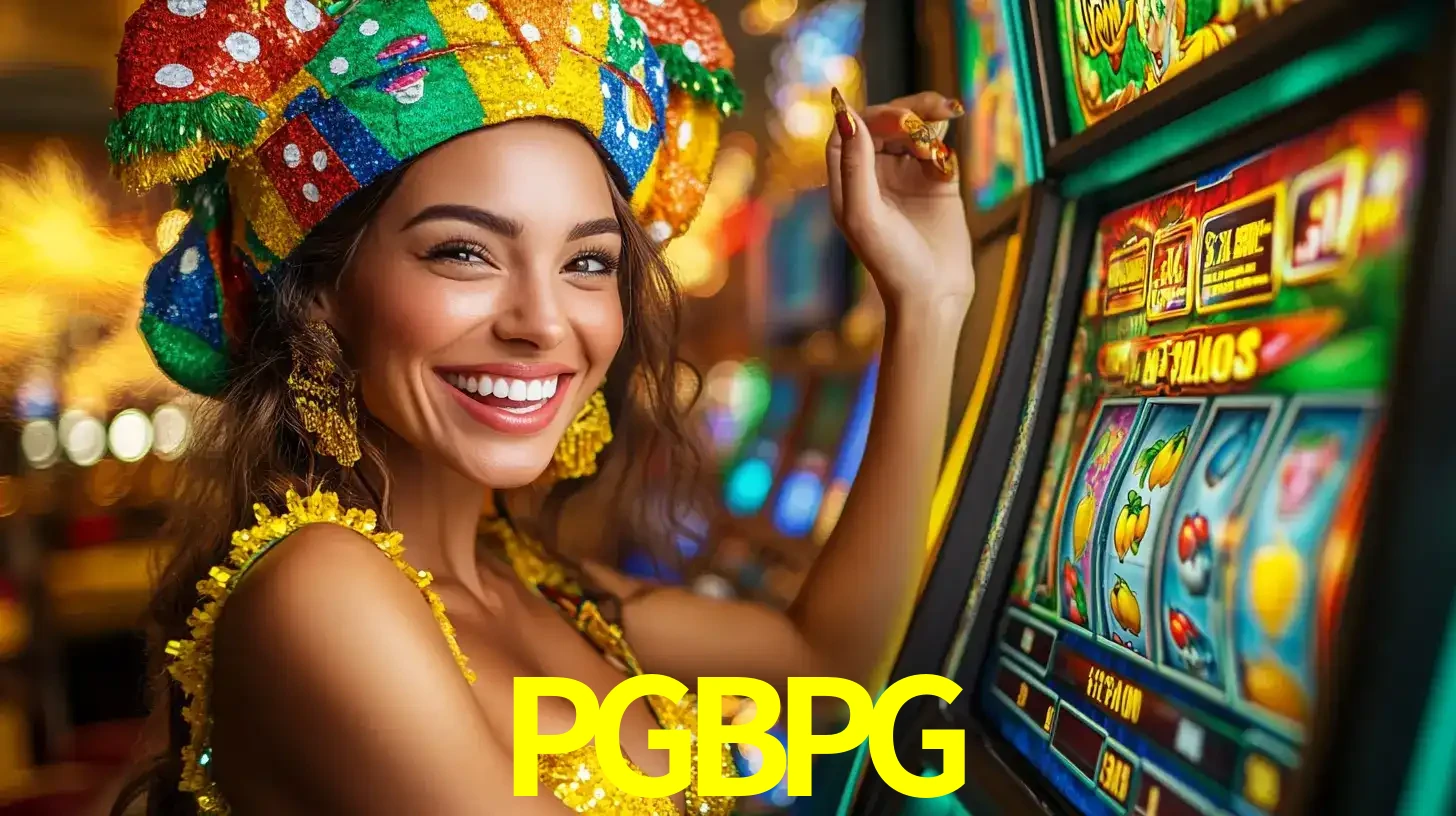 Mulher feliz com traje de carnaval amarelo e colorido ao lado de uma máquina de caça-níqueis, aproveitando a diversão e os jogos temáticos do cassino PGBPG.