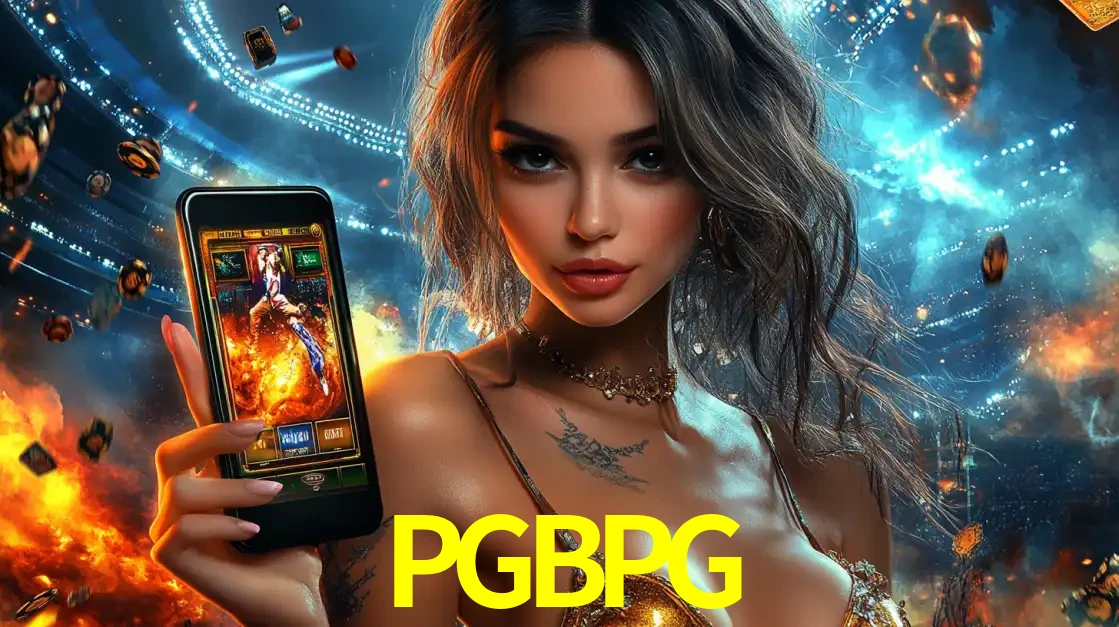 Mulher segurando um celular com um jogo de slot em destaque, tendo como fundo um estádio vibrante, simbolizando a emoção de jogar no cassino móvel PGBPG.