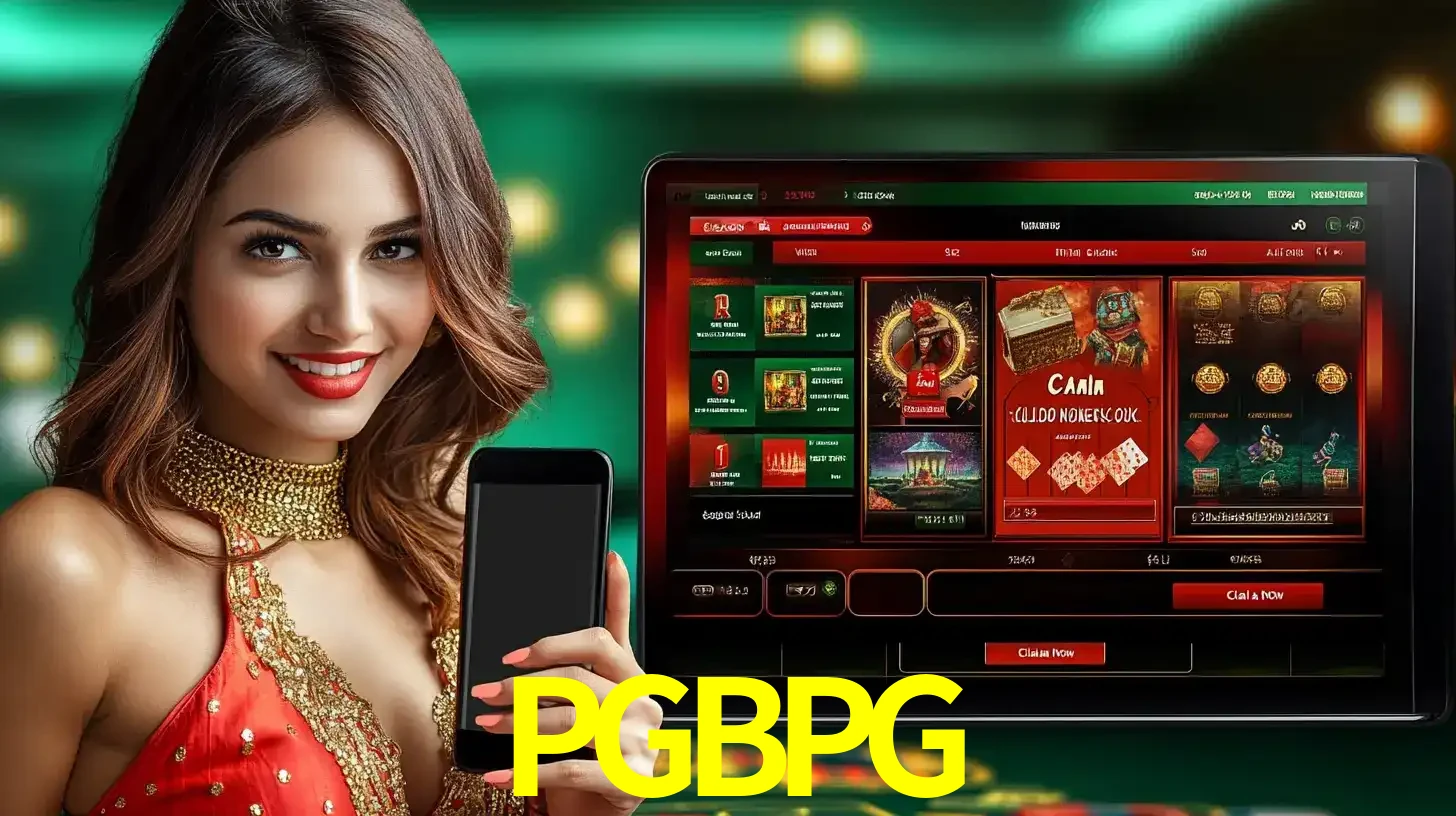 Mulher sorridente segurando um smartphone, ao lado de uma tela exibindo o lobby de jogos do cassino online PGBPG, com várias opções de jogos de cartas e slots.